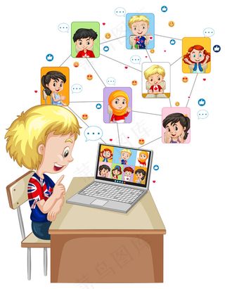 男孩在白色下用笔记本电脑和朋友视频通话