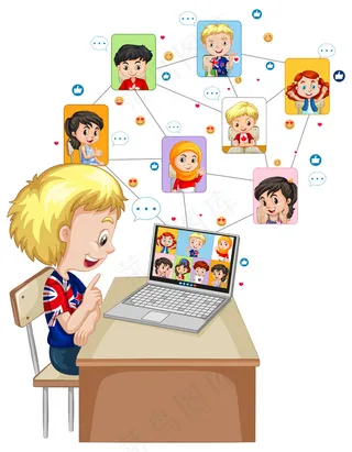 男孩在白色下用笔记本电脑和朋友视频通话