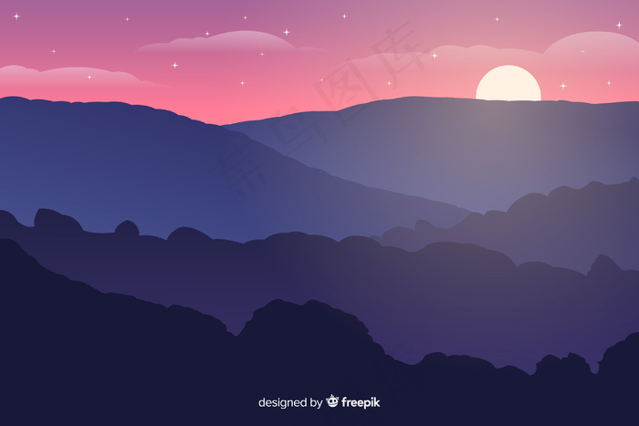 群山中的夕阳与星夜