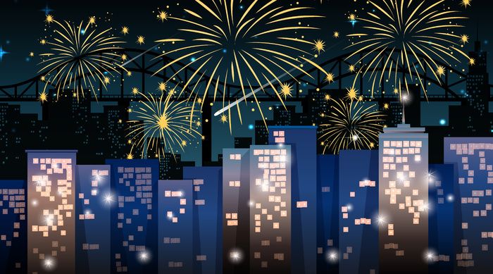 庆祝烟花汇演的城市景观eps,ai矢量模版下载