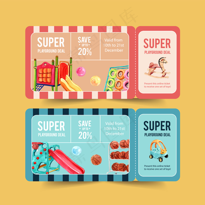 游乐场门票设计与丛林健身房，幻灯片，球，篮球水彩画插图。