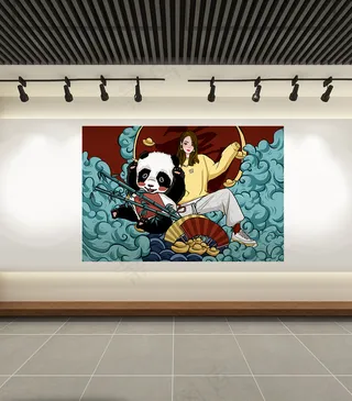 国风熊猫美女海浪水发财海报