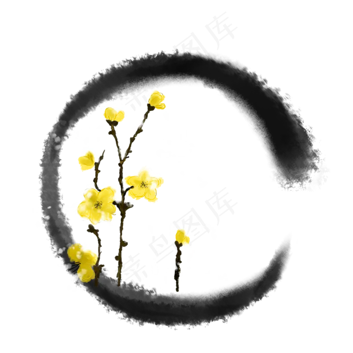 冬天腊梅黄色水墨圆形边框免抠(2000X2000(DPI:300))psd模版下载