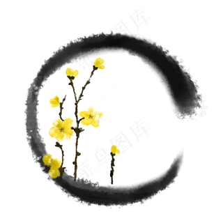 冬天腊梅黄色水墨圆形边框免抠