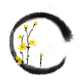 冬天腊梅黄色水墨圆形边框免抠