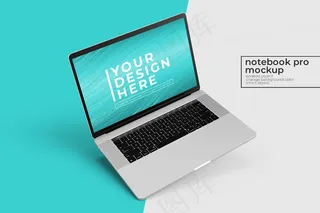 可更换的高逼真质量15英寸笔记本电脑专业psd模型样机设计在左倾斜位置