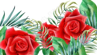 有红玫瑰、玫瑰花蕾和叶子的花