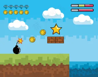 带有星星和炸弹的硬币的像素视频游戏场景