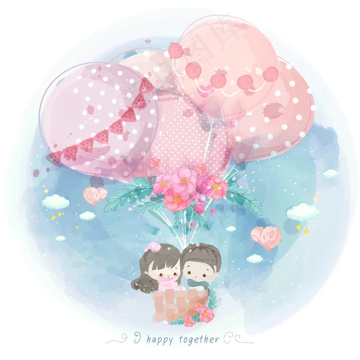 水彩画：气球里的孩子们eps,ai矢量模版下载