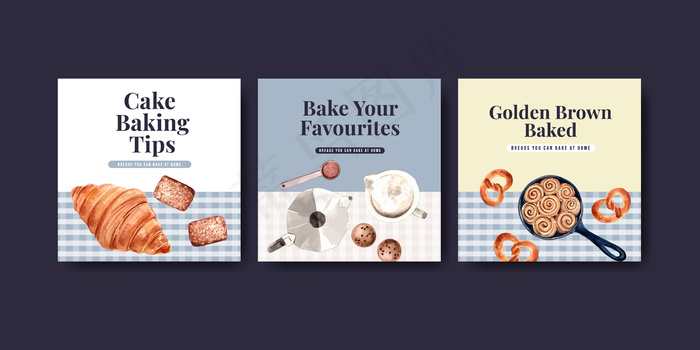 带有烘焙设计和水彩插图的方形模板模板