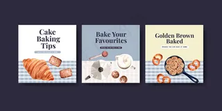 带有烘焙设计和水彩插图的方形模板模板