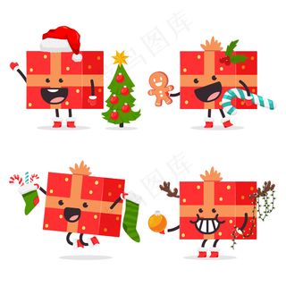 有趣的圣诞礼品盒与弓卡通人物设置在白色背景上孤立。