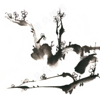 一枝梅水墨画PNG免抠素材