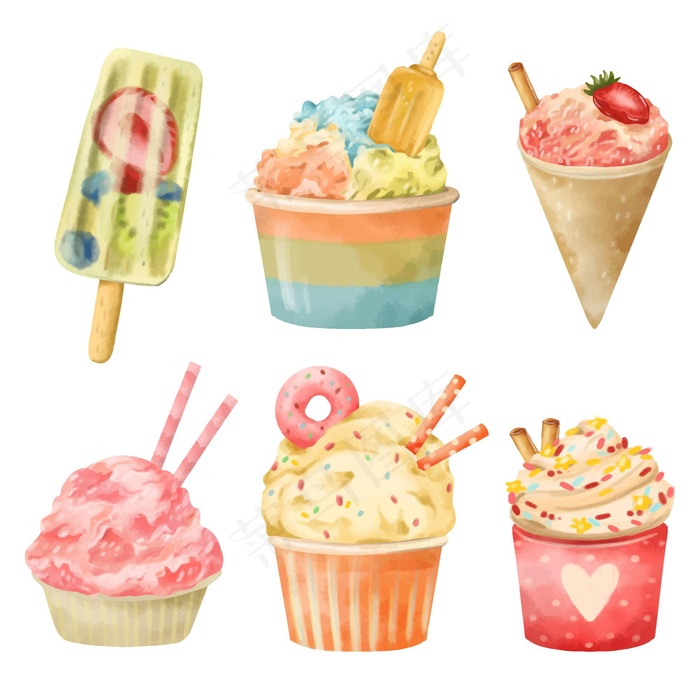 手绘水彩冰淇淋系列