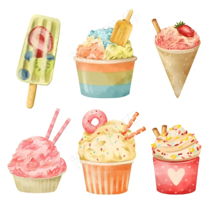 手绘水彩冰淇淋系列eps,ai矢量模版下载
