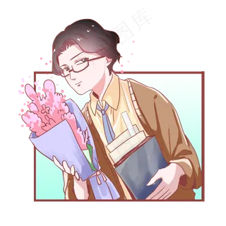 教师节棕色卡通老师拿花
