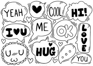 手绘背景集可爱的语音泡沫与涂鸦风格的文本