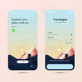 带登录屏幕和主屏幕的旅游登机手机app移动应用程序app
