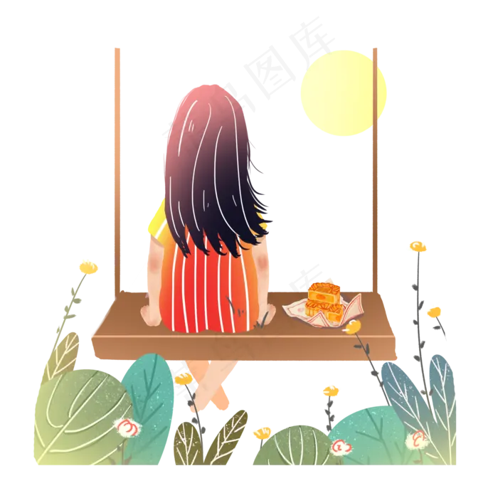 中秋节赏月女孩背影月饼素材(2000X2000(DPI:300))psd模版下载