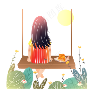 中秋节赏月女孩背影月饼素材