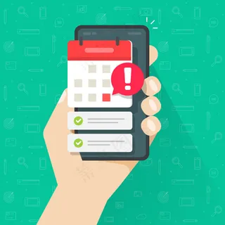 带有重要截止日期和任务列表的手机日历或带有活动约会平面卡通插图的智能手机