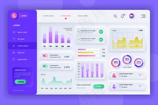 Neumorphic仪表板用户界面套件。管理面板模板与信息图形元素，hud图，信息图形。用户界面和用户体验设计网页的网站仪表板。中性风格。