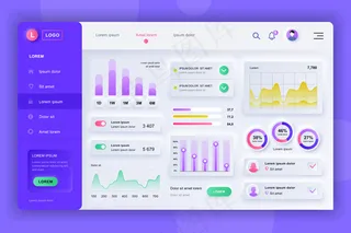 Neumorphic仪表板用户界面套件。管理面板模板与信息图形元素，hud图，信息图形。用户界面和用户体验设计网页的网站仪表板。中性风格。
