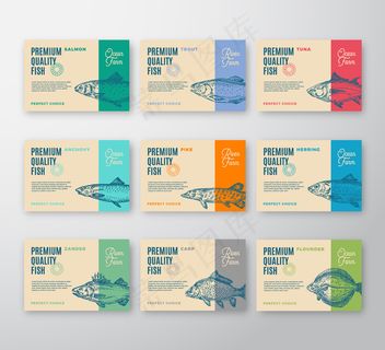 优质鱼标系列。抽象包装或标签。现代排版和手绘鱼轮廓与软阴影背景布局。