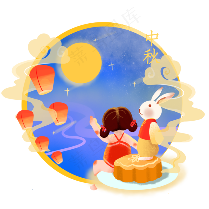 中秋可爱少女赏月吃月饼玉兔(3500X3500(DPI:300))psd模版下载