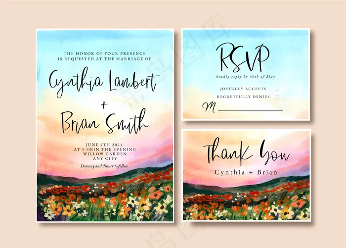 水彩画婚礼请柬，带园林景观和夕阳天空eps,ai矢量模版下载