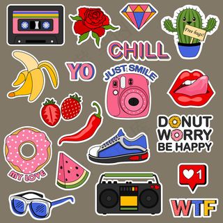 一套青少年贴纸。ute卡通补丁食品彩虹复古的东西和动机的话涂鸦图标。