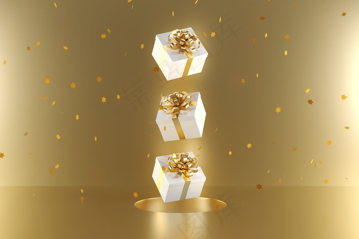 金色背景金色丝带白色礼盒