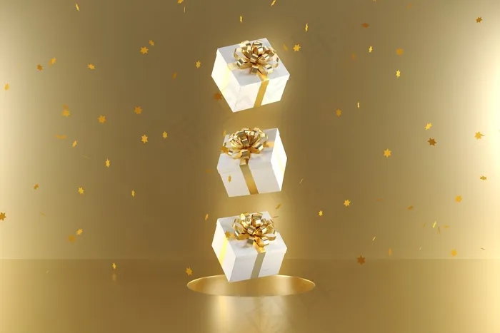 金色背景金色丝带白色礼盒