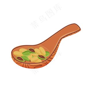 可可粒卡通插图。面包和巧克力成分，热芳香饮料成分颜色对象。白底木勺鲜熟可可豆