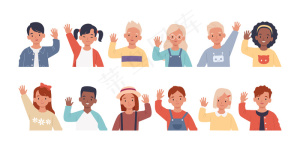 一群孩子挥手致意。孩子们集合起来，男孩女孩们互相问候，举手致意。平面式插图