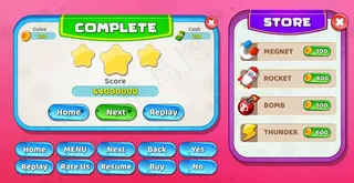 休闲卡通儿童游戏ui级完成和商店菜单弹出与明星和按钮