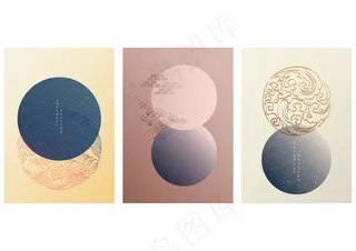 带几何图案的日语模板。圆形背景，手绘波浪元素，复古风格。