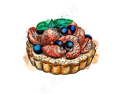 草莓蛋糕从水彩飞溅，手绘素描。油漆图解