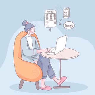 年轻女士通过笔记本电脑上的应用程序app预订住宿，方便出行。