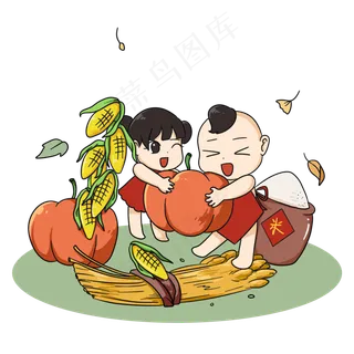 两个胖娃娃收获季节搬南瓜