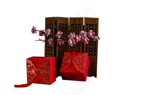 粉色梅花红色礼盒png素材