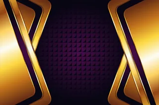 抽象几何与紫金背景和透明箭头符号pattern。六边形空间在中间看。元素设计的闪金效果。