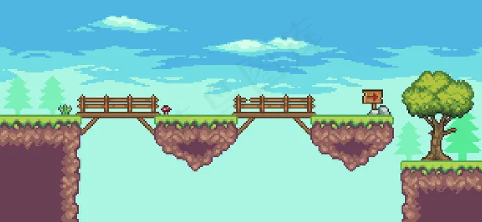 像素艺术街机游戏场景与浮动平台桥树云和旗帜banner8bit