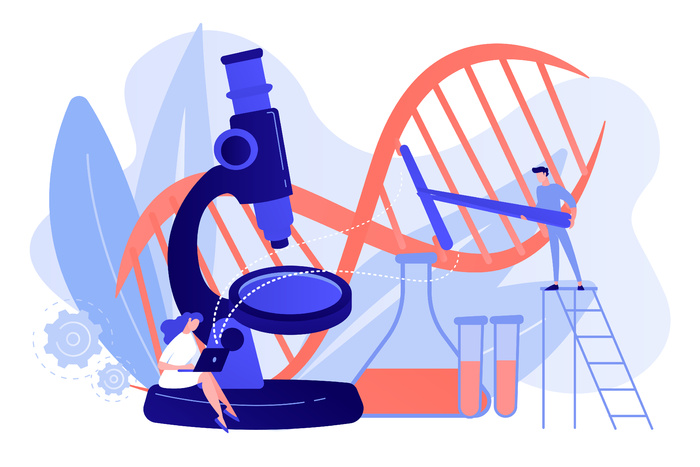 显微镜和科学家改变 dna 结构。白色下的基因工程、基因改造和基因操作概念。粉红色珊瑚 bluevector 孤立插图
