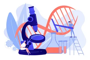 显微镜和科学家改变 dna 结构。白色下的基因工程、基因改造和基因操作概念。粉红色珊瑚 bluevector 孤立插图