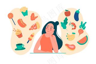 妇女思考健康和不健康的食物