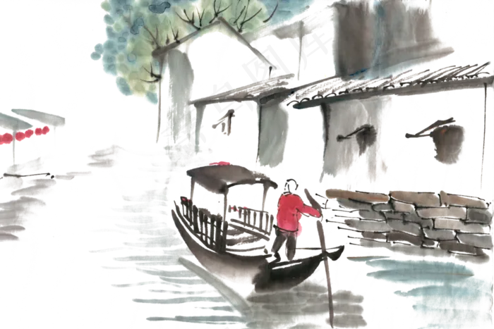 泛舟古河道水墨画PNG免抠素材(3543X4724(DPI:150))psd模版下载