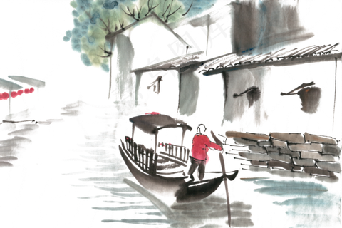 泛舟古河道水墨画PNG免抠素材
