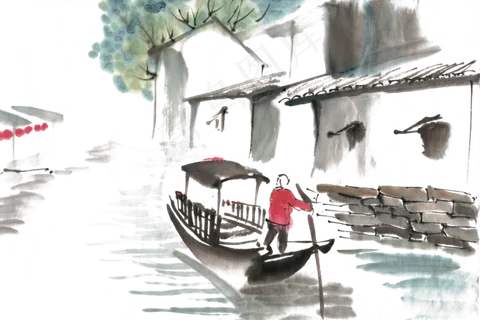 泛舟古河道水墨画PNG免抠素材 泛舟古河道水墨画PNG免抠素材