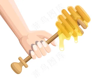 手持木制蜂蜜勺。蜂蜜棒，流动的蜂蜜。用来收集蜂蜜的厨房用具。白底插图